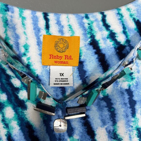 Ruby Rd. Boho Blue Tie Dye Beaded Neck Top - Size 1X - Women's Plus Size Tunic - Picture 4 of 6